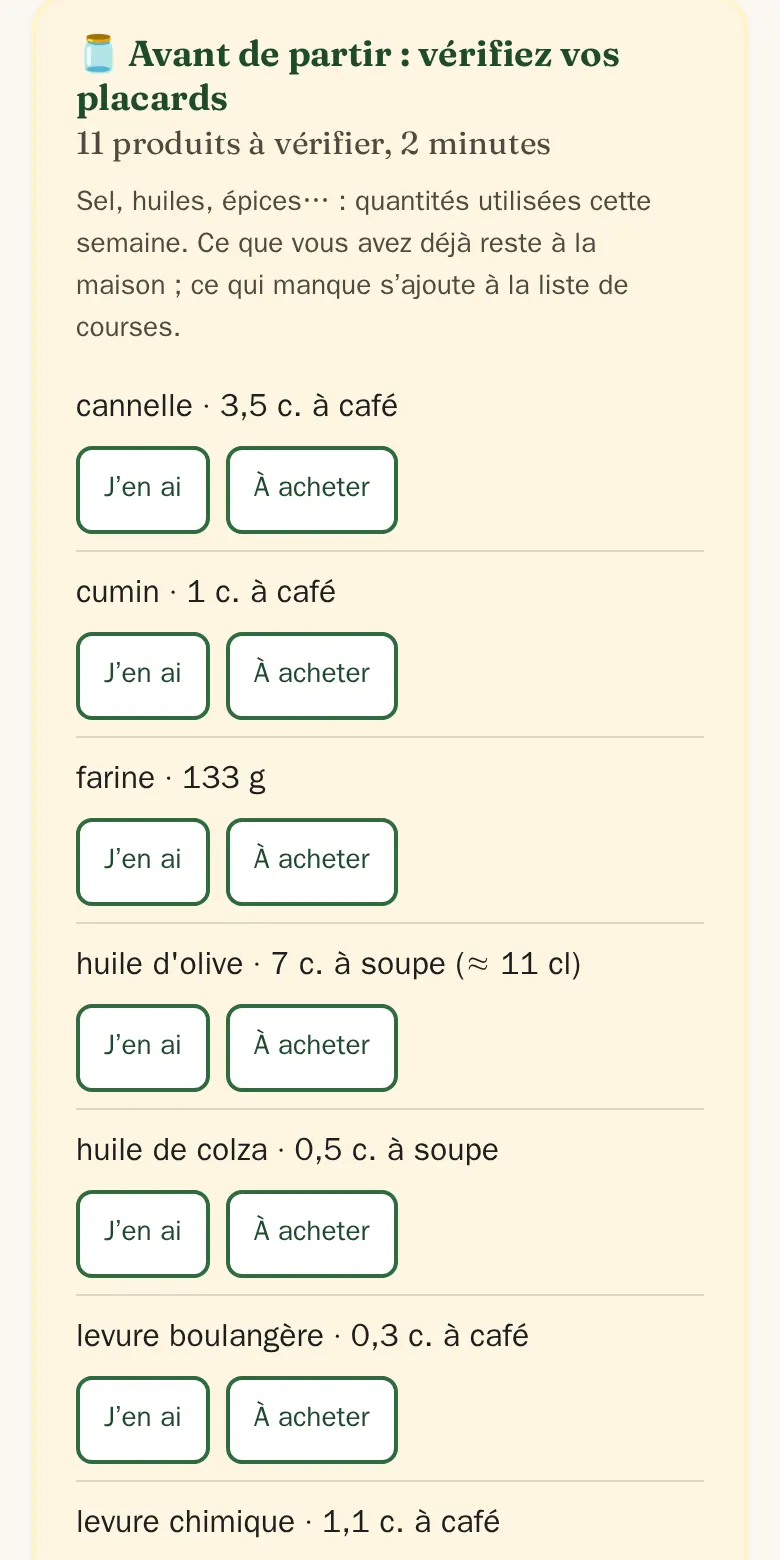 Liste de courses sur téléphone : l’encadré « Avant de partir : vérifiez vos placards », avec pour la cannelle, le cumin ou la farine les boutons « J’en ai » et « À acheter ».