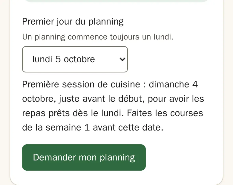Demande de planning sur téléphone : le lundi 5 octobre est choisi, et la page annonce la première session de cuisine le dimanche 4 octobre, avec les courses à faire avant.
