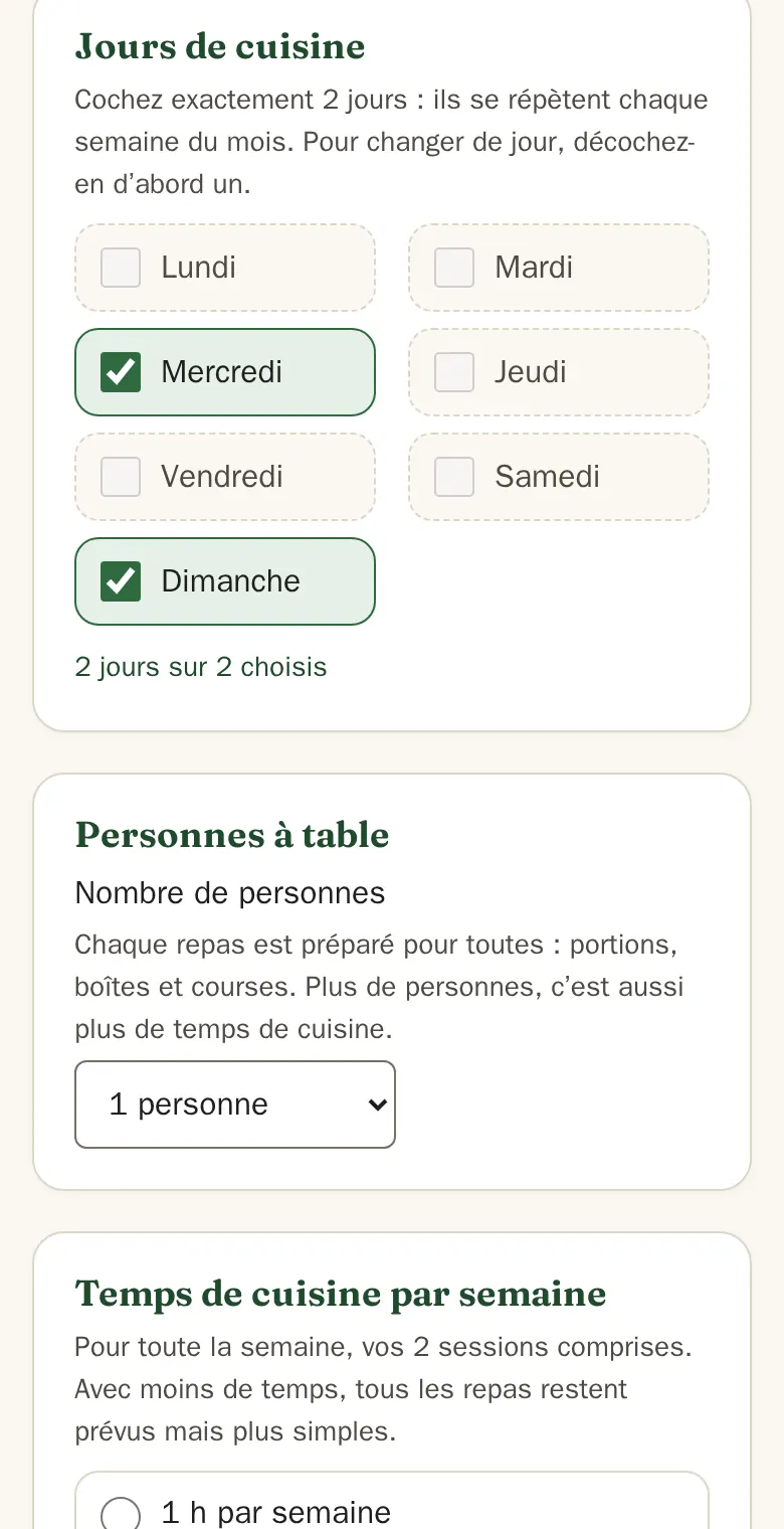 Page Préférences sur téléphone : le choix des jours de cuisine, mercredi et dimanche cochés, puis le nombre de personnes à table.